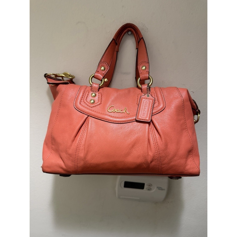 Coach Ashley Women Coral Leather Shoulder Bag Pleated Satchel F19247 F15447